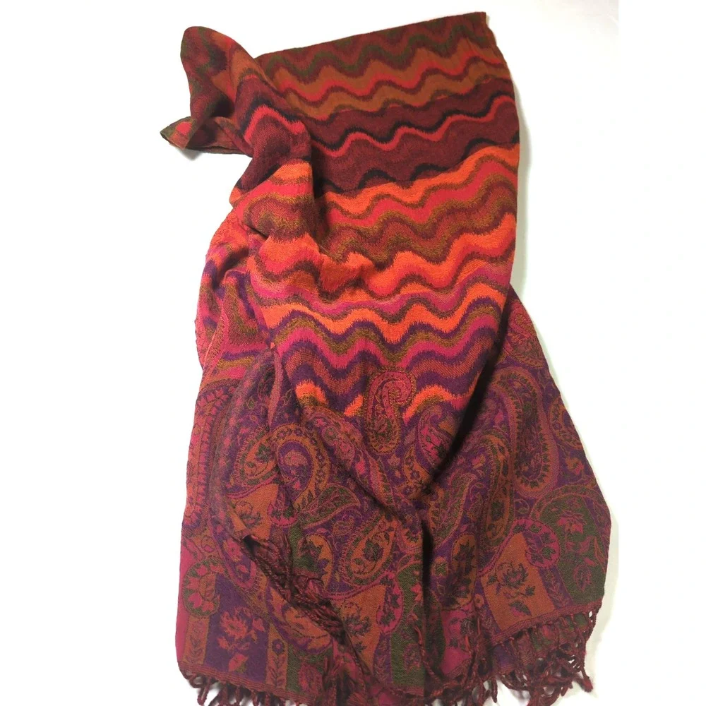 CODELLO 100% Wool Scarf Wrap  Abstract Paisley 68x26 Stunner Colors Chic Boho
